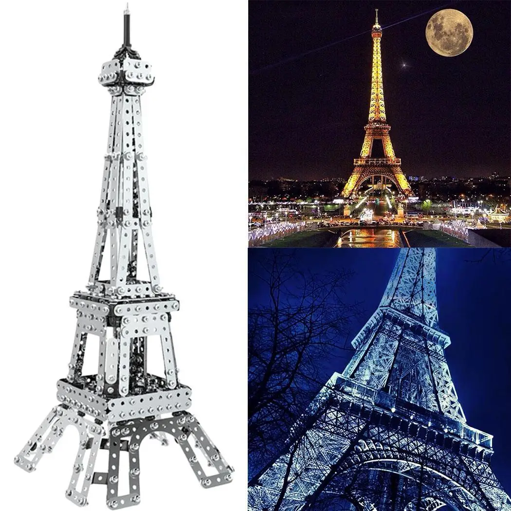 

DIY Building Blocks Assembled Stainless Steel the picture shown Iron Tower with Toys LED Light Over 3 Years Old Toys