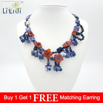 

Natural Stone Sodalite ,Red Agate Flowers with Jade Toggle Clasp Necklace