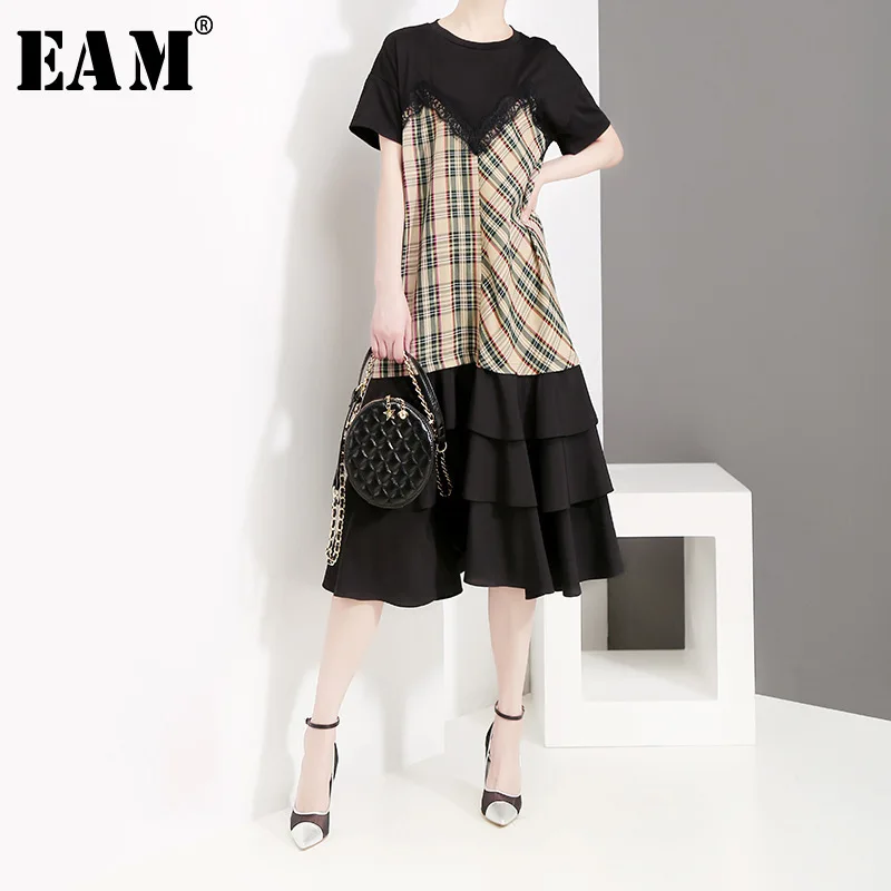 

[EAM] 2019 New Spring Summer Round Neck Short Sleeve Black Hit Color Plaid Printed Stitch Loose Dress Women Fashion Tide JT105