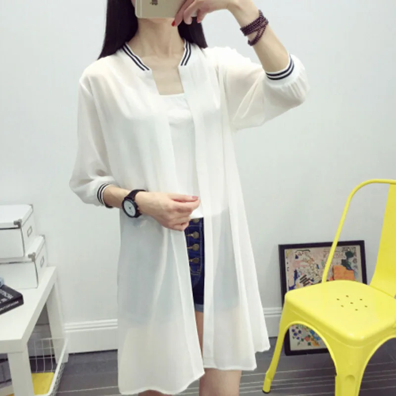 

#5048 Summer White Black Chiffon Kimono Jacket Women Cardigan Long Sunscreen Transparent Coat Thin Windbreaker Coat Perspective