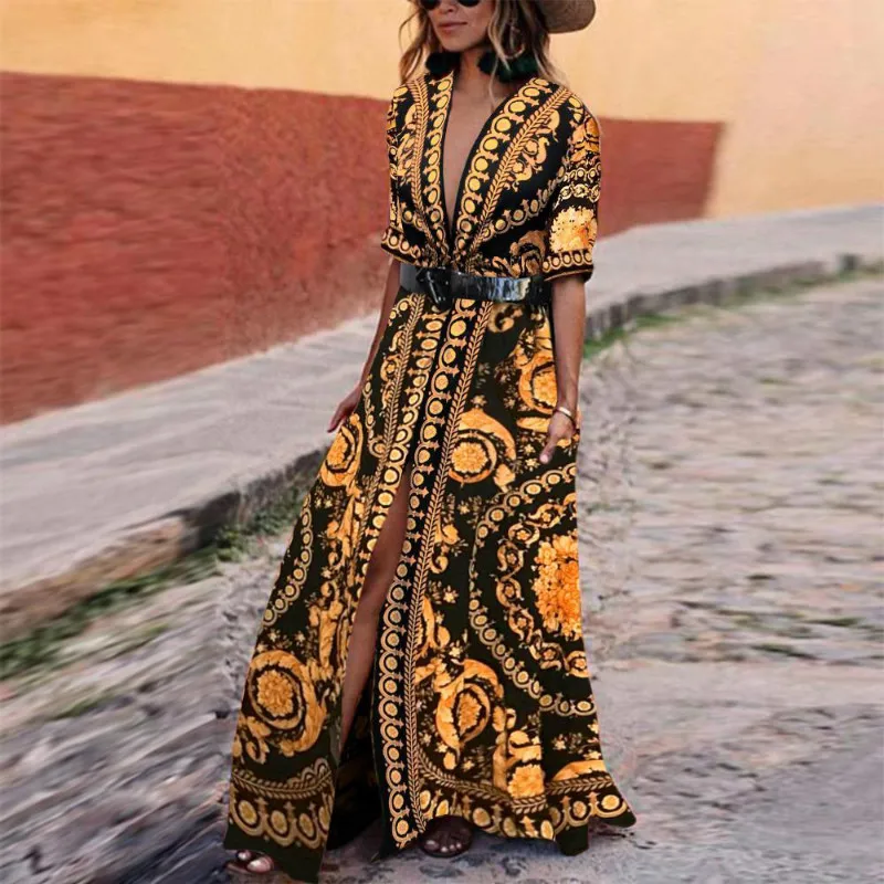 

Women's Summer Boho Casual Short Sleeve V-neck Long Maxi Evening Party Beach Dress Sundress