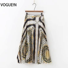 VOGUEIN новые женские винтажные этнические цепи цветочный принт молния плиссированные миди юбки