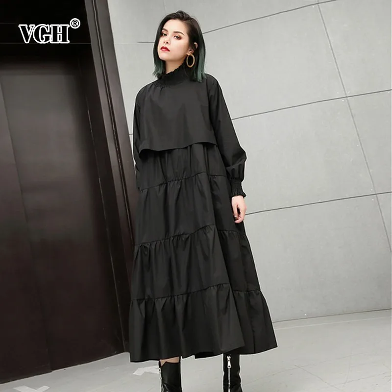 

VGH 2019 Autumn Black Dress For Women Loose Big Size Elastic Collar Long Sleeve Women's Dresses 2019 Fashion New
