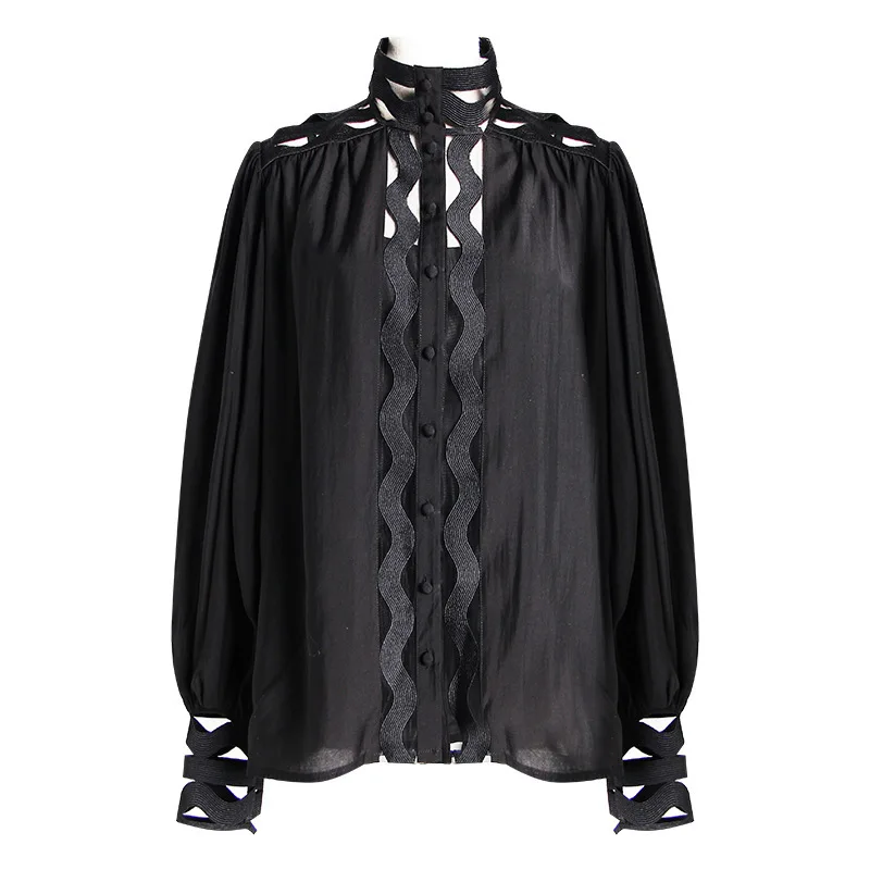

[YaLee] New Fashion 2019 Spring Summer Hollow Ruffles Splice Blouse Stand Collar Long Sleeve Irregular Loose Shirt Women Y052