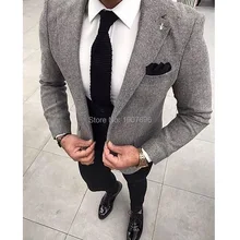 Three Piece Smart Casual Men Suits 2019 Slim Fit Gray Woolen Jacket Black Vest Pants Notoched Lapel Custom Made Wedding Txuedos