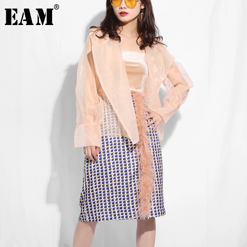 [EAM] 2019 новая осенне-зимняя юбка из органзы с отворотом и длинным рукавом, свободная юбка с перьями, костюм из двух предметов Женская мода JH40