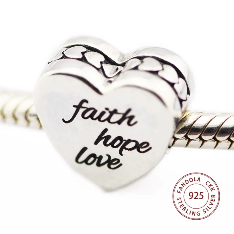 CKK Fits Pandora Bracelet 925 Sterling Silver Faith Hope Love Heart