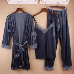 4 цвета 3 предмета пикантные женские пижамы бархат халат с поясом пижамы Длинные штаны ночная рубашка