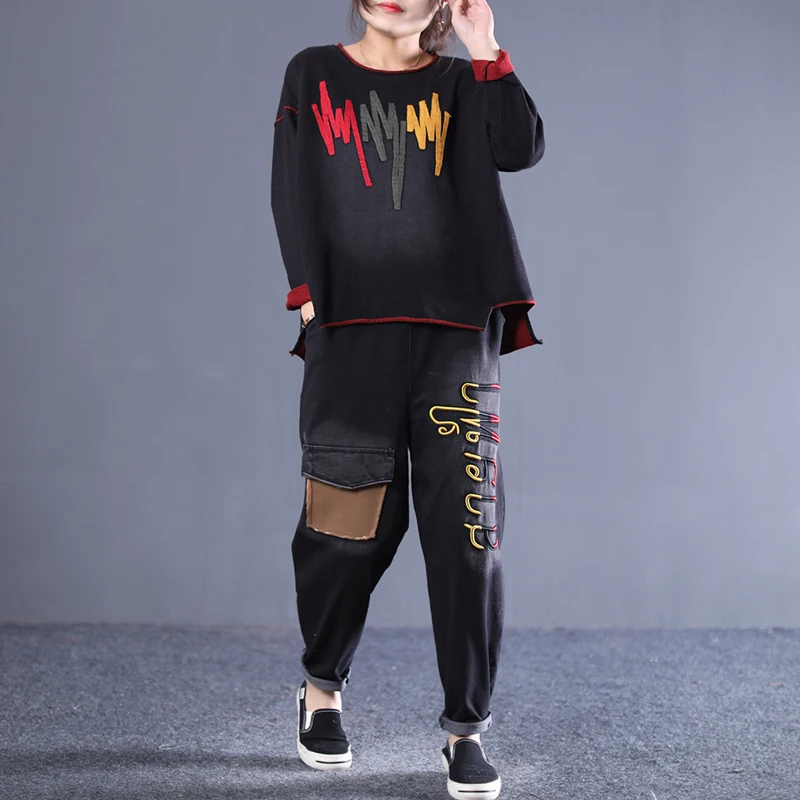 

[EWQ] New 2019 Spring Autumn Round Collar Long Sleeve Hit Colors Striped Pullovers Elastic Waist Pants Vintage Suit Women AD780