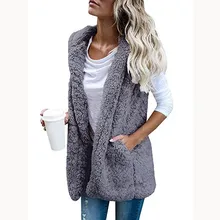 Autumn Winter Sexy Women Pocket Cardigan Waistcoats Outwear Casual Zip Up Teddy Vest Fashion Female Warm Hooded Vest Jacket