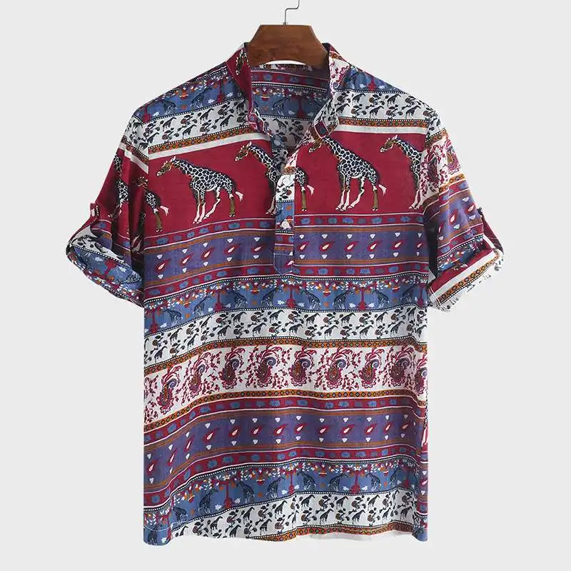 

2019 Vintage Printing Half Sleeve Shirt Men Stand Collar Summer Ethnic Style Camisa Casual Men Brand Hawaiian Shirts Tops M-4XL
