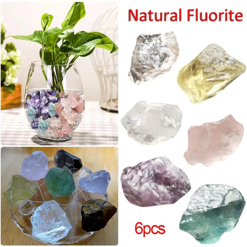 

6PCS / Bag Natural Fluorite Raw Gemstone Quartz Crystal Stone Point Healing Wand Treatment Stone Amethyst Gift Home Decoration