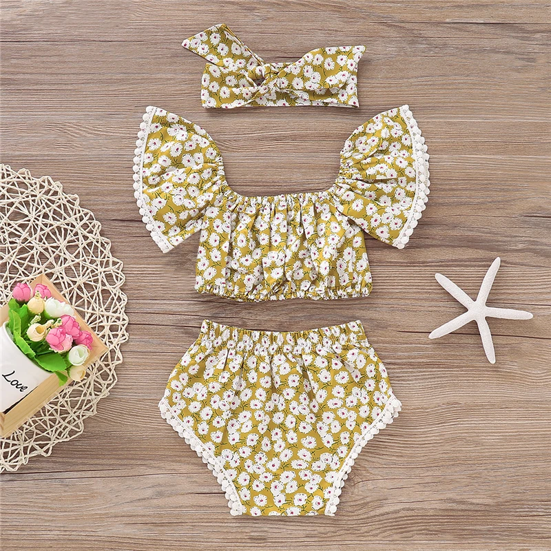 

Summer Short Sleeve Outfits Yellow Flower Tops Tassel Shorts Girl Clothing 3Pcs Costume Toddler Newborn Baby Girls Clothes Set