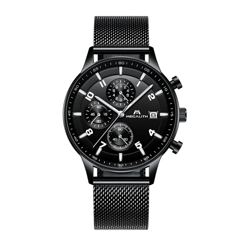

MEGALITH Top Brand Luxury Men Watch Waterproof Analogue Sport Business Men Watches Classic Black Steel Mesh Wristwatches Male