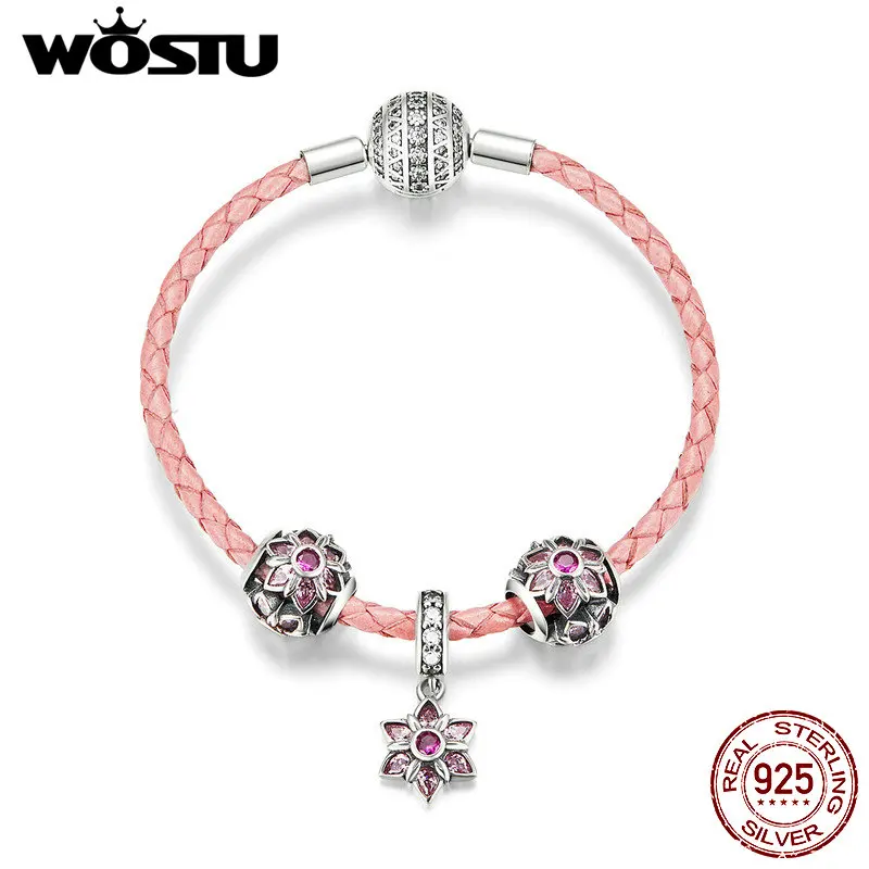 

WOSTU Hot Sale 925 Sterling Silver Pink Peach Blossoms Beads Charm Bracelets For Women Original Romantic Silver Jewelry CQB816