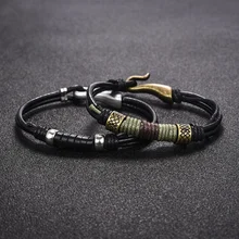 Винтажный Мужской Браслет из искусственной кожи с застежкой-крючком, амулеты из веревки, мужской кожаный браслет, ювелирные изделия
