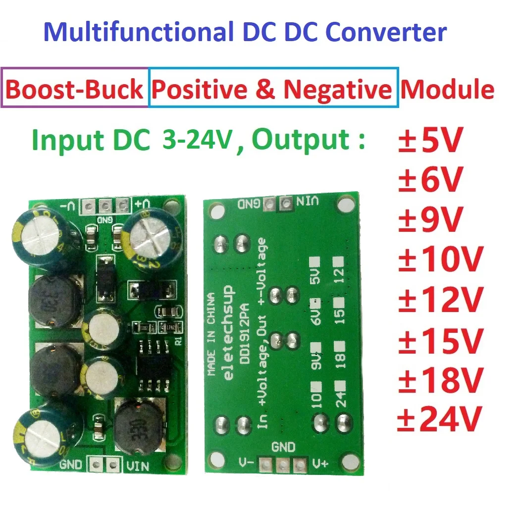 

Multifunction DC-DC Converter Step-up Step-down Dual Voltage Regulator Module Input 3-24V Output +-5V 6V 9V 10V 12V 15V 18V 24V