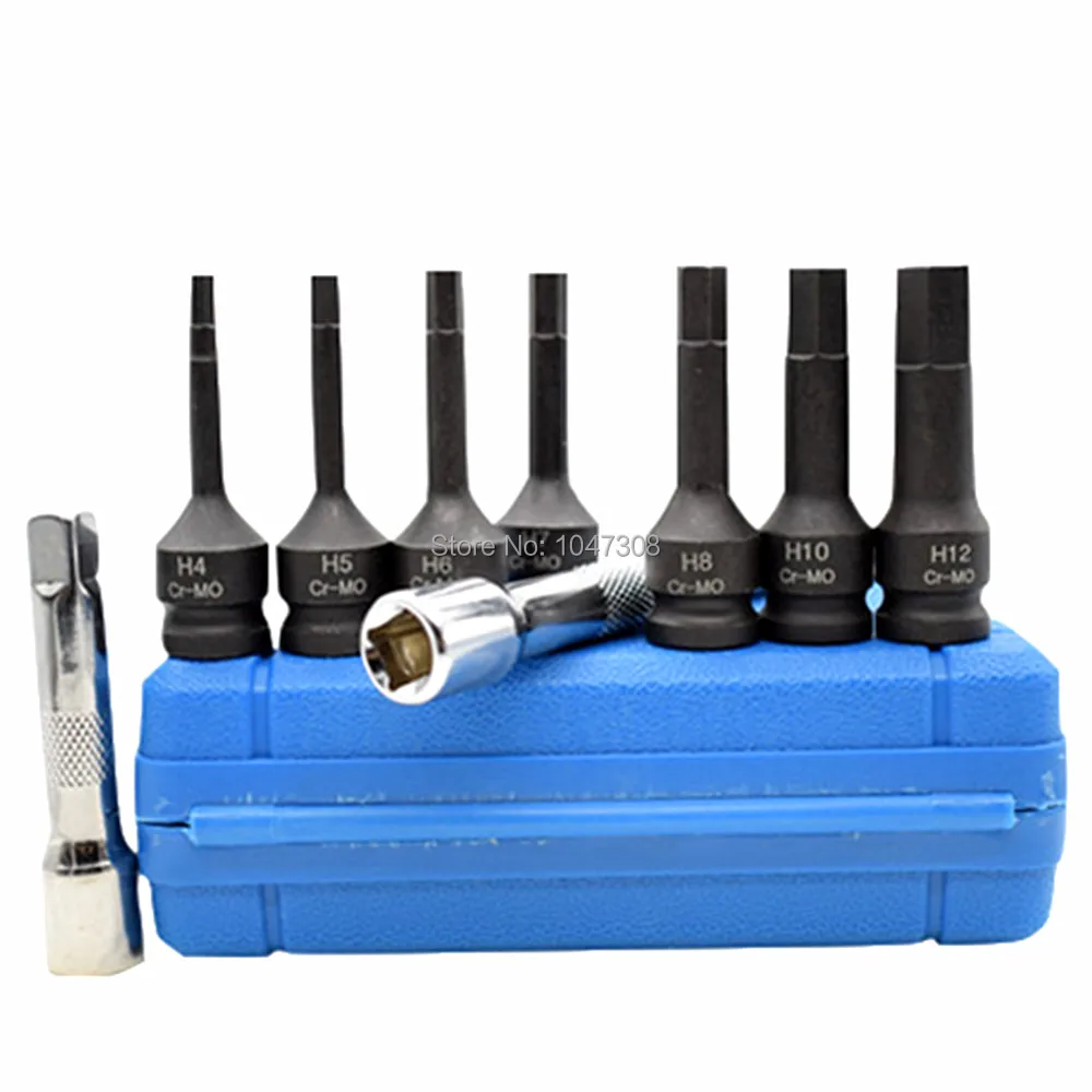 

7pcs 3/8" Impact Spline Socket H4 H5 H6 H7 H8 H10 H12 Spline Bit Socket + 2pcs 3/8" Drive Extension Bar 3" (75mm) 6" (150mm)