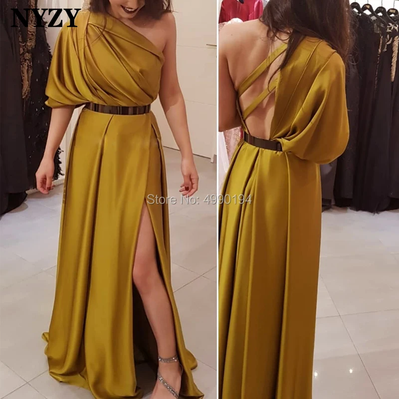 

NYZY E73 New Arrival Soft Satin One Sleeve Leg Cut High Slit Formal Dress Arabic Evening Dress Gold 2019 robe soiree dubai