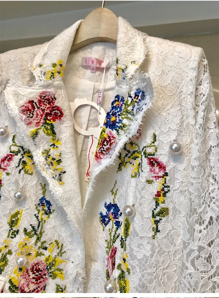 2019 Autumn White Lace Blazer Women Long Sleeve Flower Embroidery Pearls Notched Blazer  OL Work Suit Jacket Coat Outerwear