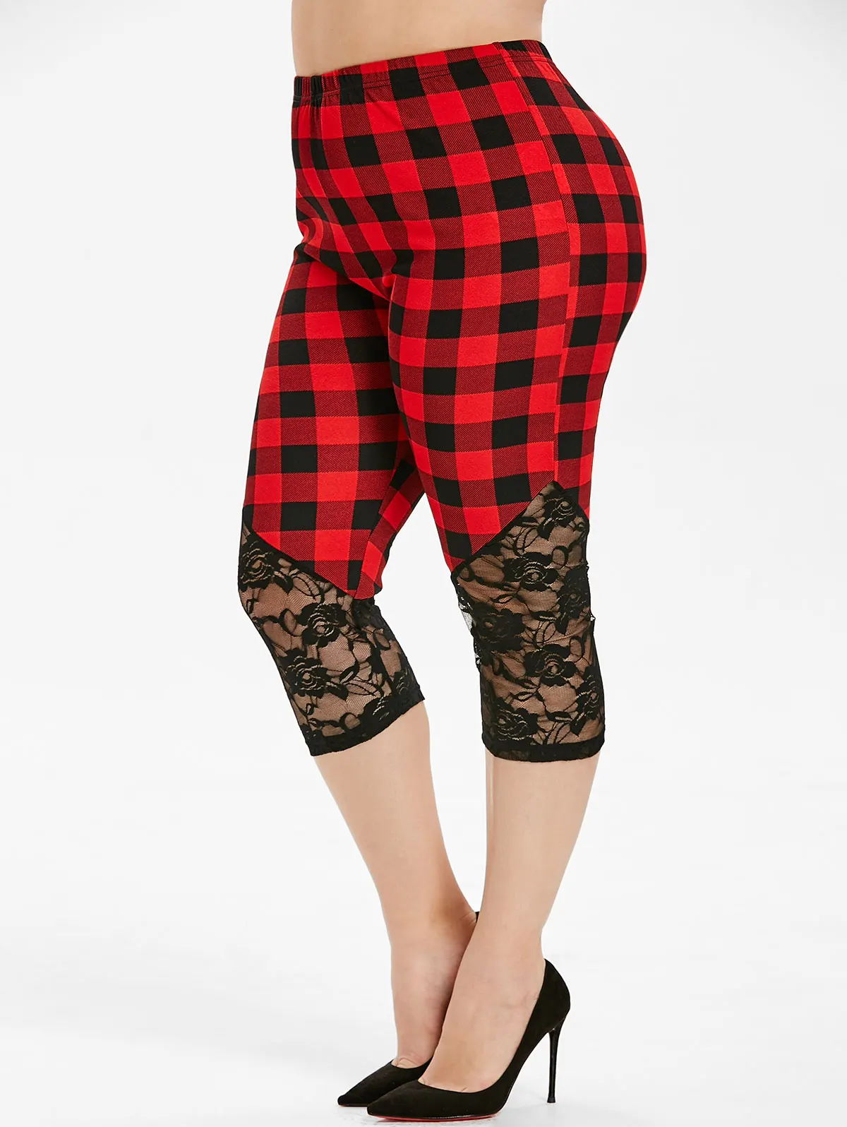 

Wipalo Women Plus Size Plaid Lace Insert Capri Leggings Cropped High Waist Skinny Leggings 5XL Ladies Casual Pants Trousers