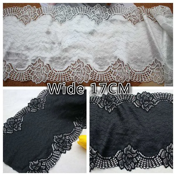 

19CM Wide Luxury White Black Elastic Lace Embroidered Flowers Ribbon Trim For DIY Sewing Curtain Scarf Dress Veil Fringe Decor