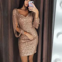 2018 New Women Sexy Tassel Detail Sequin Party Dress Slit Sleeve V-neck Club Mini Dress Autumn Long Sleeve Elegant Sparkly Dress exaggerate bow detail trumpet sleeve dress