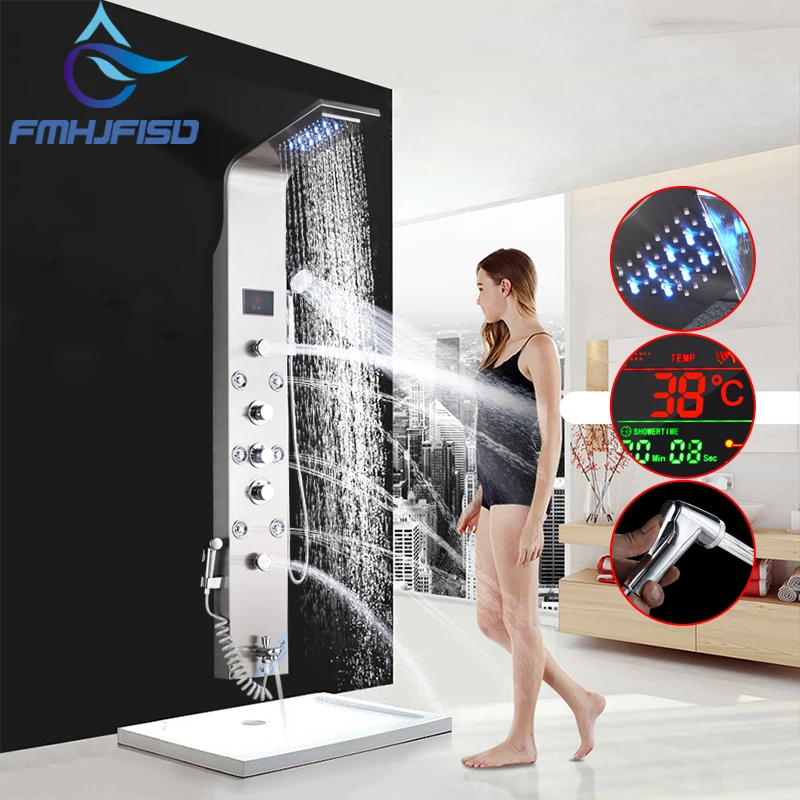 Светодиодный смеситель для ванны и душа с цифровым дисплеем, душевая панельная башня, Душевая колонна, водопад, светодиодный, душевая головка W Body massage SPA Jet