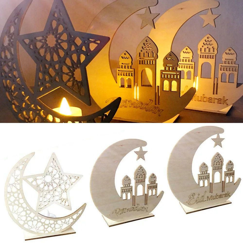 Лампа со светодиодными свечами деревянный лунный Звездный праздничный светильник украшение стола EidMubarak светильник ing Рамадан светильник