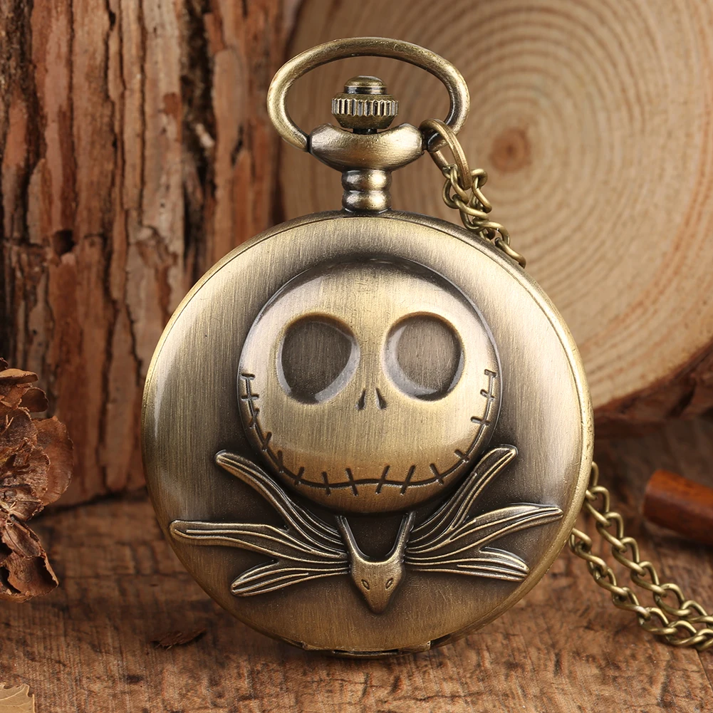 Vintage Bronze Skull Carving Pocket Watch Quartz Watch Necklace Chain With Skull Pendant Antique Clock Men 5