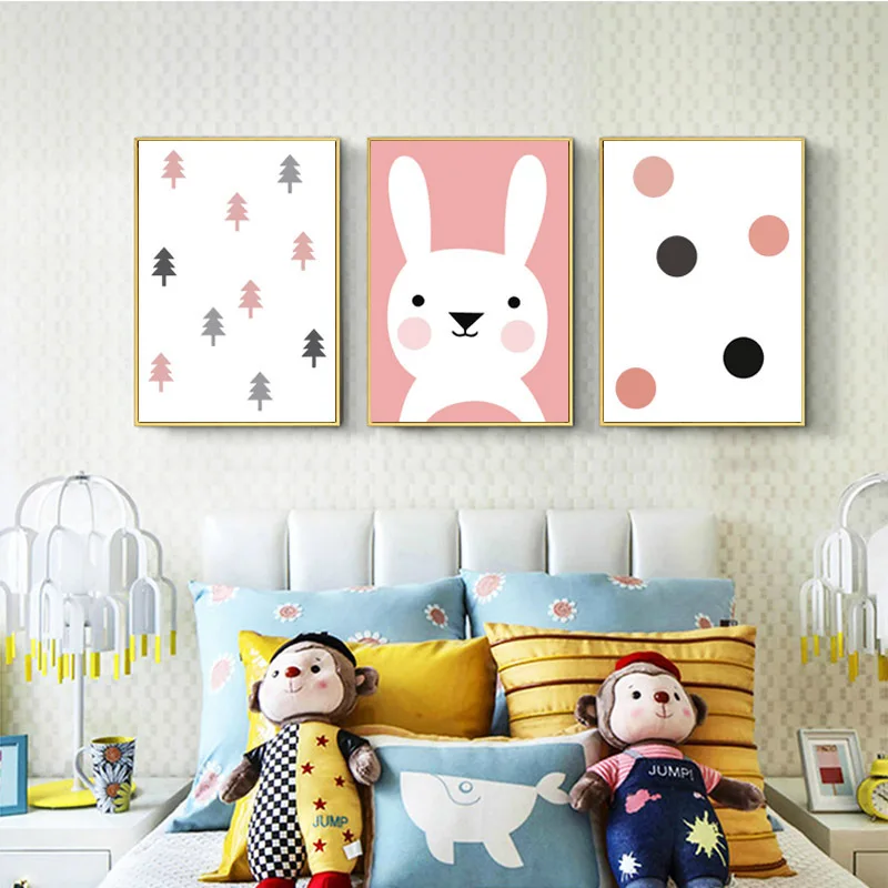 

Nordic Style Painting Girl Kid Room Decoration Pink Rabbit Dot Posters And Prints Abstract Tree Animal Posters Prints Unframed