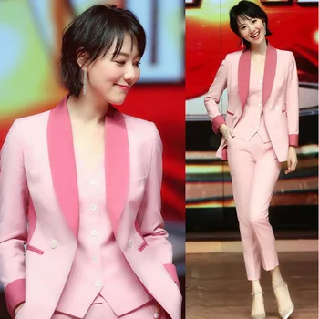 

Set women's fashion temperament pink color matching small suit Slim jacket + vest + nine pants three sets of professional suits