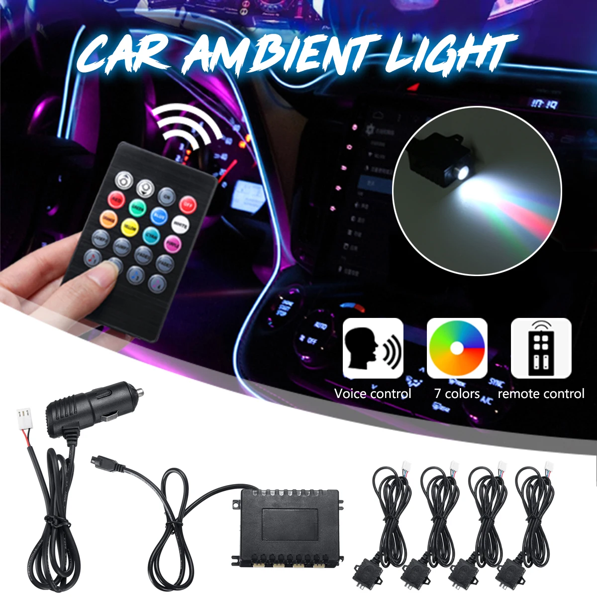 

Car Light RGB Ambient Lamp 12V Fiber Optic LED Light Voice/Remote Control Interior Decorative Atmosphere Lamp Auto Accessories