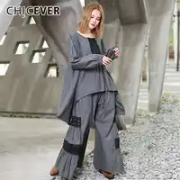 CHICEVER Patchwork Lace Women's Suit Two Piece Set O Neck Asymmetric Hem Tops Female T Shirts Elastic High Waist Trouser Fashion