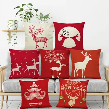 

Red couch cushion Xmas deer 45x45cm Christmas decorative pillows cotton linen pillowcase child living room cushions home decor