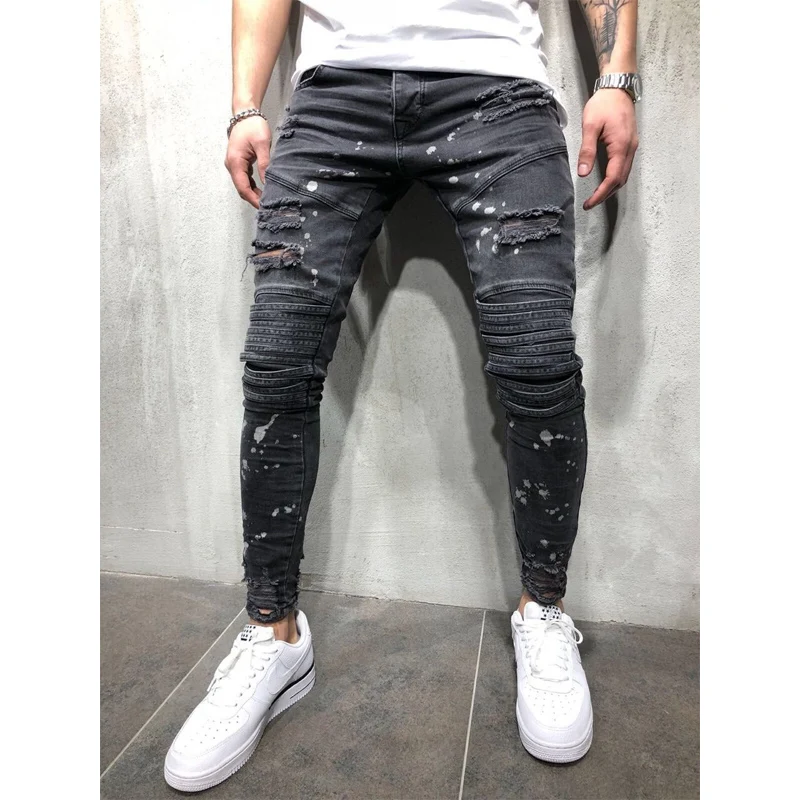 2018 new Men Ripped Dot Printed Skinny Jeans Destroyed Frayed Slim Fit Denim Pant casual men slim hole Zipper balck jeans pants