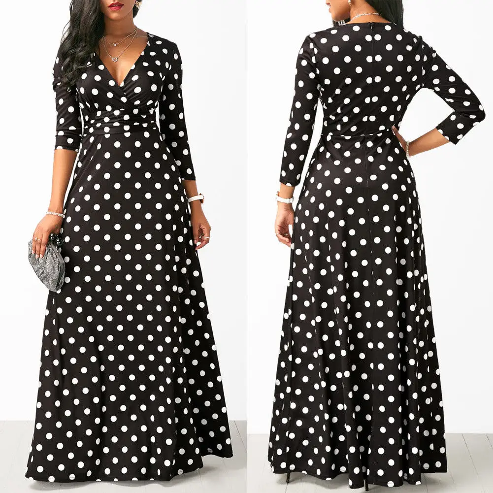 

Skirts 2018 New Brand Women Sexy V Neck Long Casual Polka Dot Zippers Ladies Long Sleeve Party Maxi Skirts