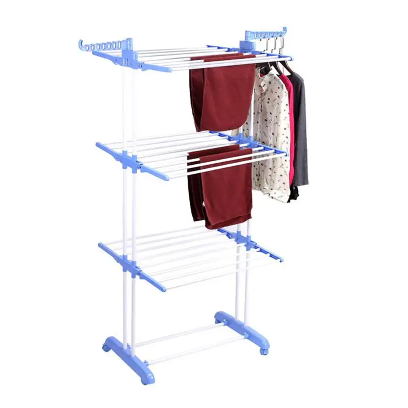 

OUNONA Folding Drying Dryer Rack Hangers 3 Tiers Clothes Laundry with Wheels Cloth Shoes Hanger (Blue)