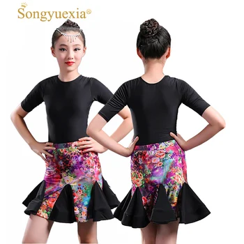 

SONGYUEXIA children Latin dance costumes children's print short sleeved stamp girls Latin dance skirt kid Latin dance dresses
