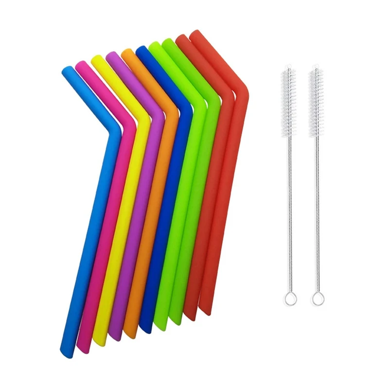 

Silicone Straws: Reusable 10 count 2 Cleaning Brushes BPA Free Food Grade-Silicone Straws Extra Long 10 inch.Extra Wide- Prefe