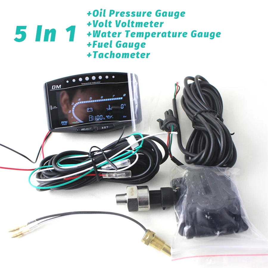

Universal 5 In 1 12v/24v Truck Car LCD Digital Oil Pressure Gauge Volt Voltmeter Water Temperature Fuel Gauge Tachometer