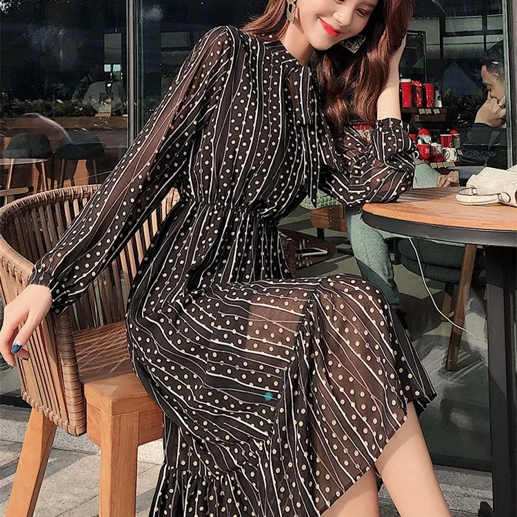 

Spring Summer Women Loose Polka Dot Dress Fashion V-neck Ruffles Empire Dresses Transparent A-line Dress