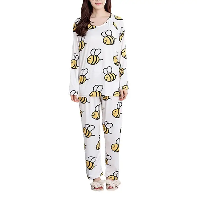 

Spring Thin Women's Two-piece Suit Pajamas Milk Silk Casual Long Sleeve Trousers Set Little Bee Cartoon Leisure Homewear