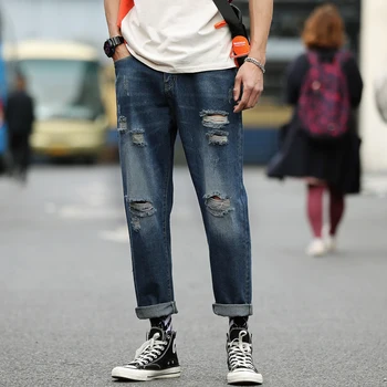 

2019 Summer Men's Holes Decorate Stretch Slim Fit Blue Skinny Jeans Fashion Casual Pants High-quality Street Trousers S-2XL