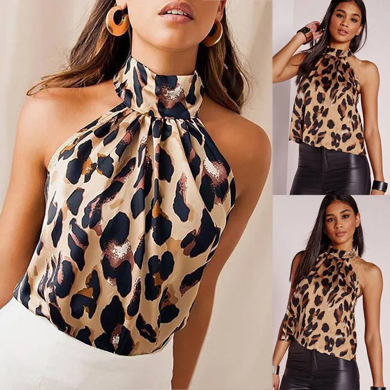 

Womens Sleeveless Leopard Print Vest Shirt Summer Cami Casual Blouse Halter Tank Tops Plus Size