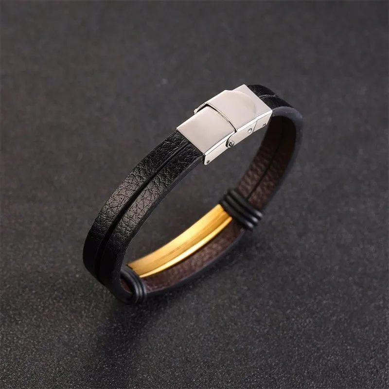 Vnox Повседневный Многослойный кожаный браслет, индивидуальный барный браслет из нержавеющей стали для мужчин и женщин