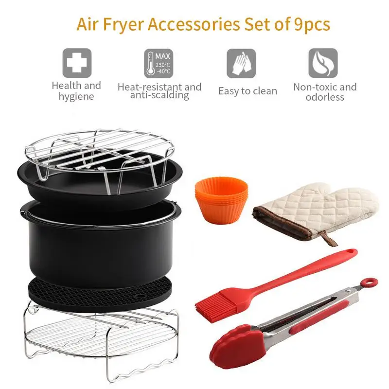 

9pcs Household Air Fryer Accessories Set Electric Fryer Baking Basket Pizza Pan Grill Pot Pan Holder Brush Clip Kitchen Tool Set