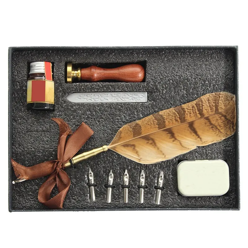 

Kicute Quality Vintage European Quill Stamp Feather Dip Pen Set Fountain Pen Writing Ink Luxury Stationery Set With Gift Box