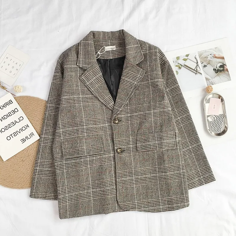 Female Spring Korean Vintage Plaid Blazers Women Fashion Notched ...