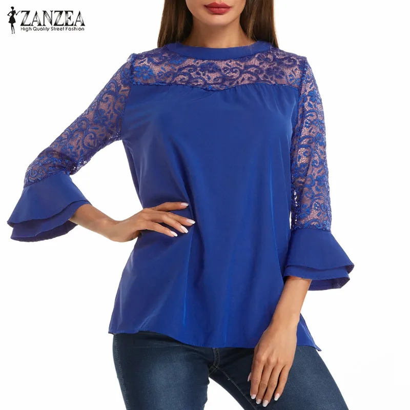 

Women Blouses Shirts ZANZEA 2019 Summer Casual Loose O Neck 3/4 Flare Sleeve Solid Patchwork Lace Pullovers Elegant Blusas Tops